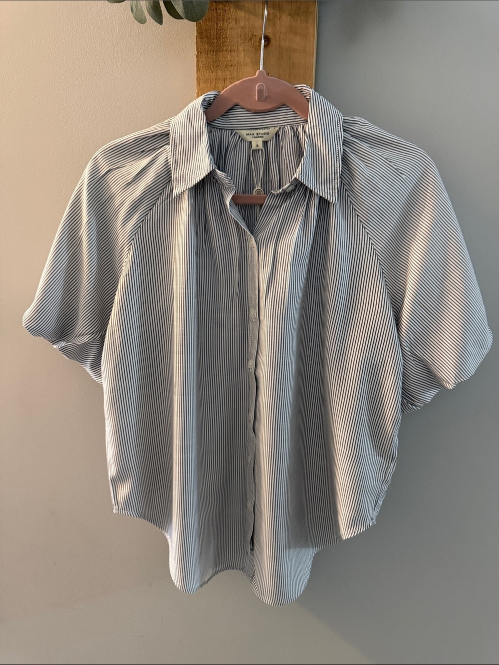 MAX STUDIO Gray and White Pinstripe Button-Down Puff-Sleeve Shirt, NWTs